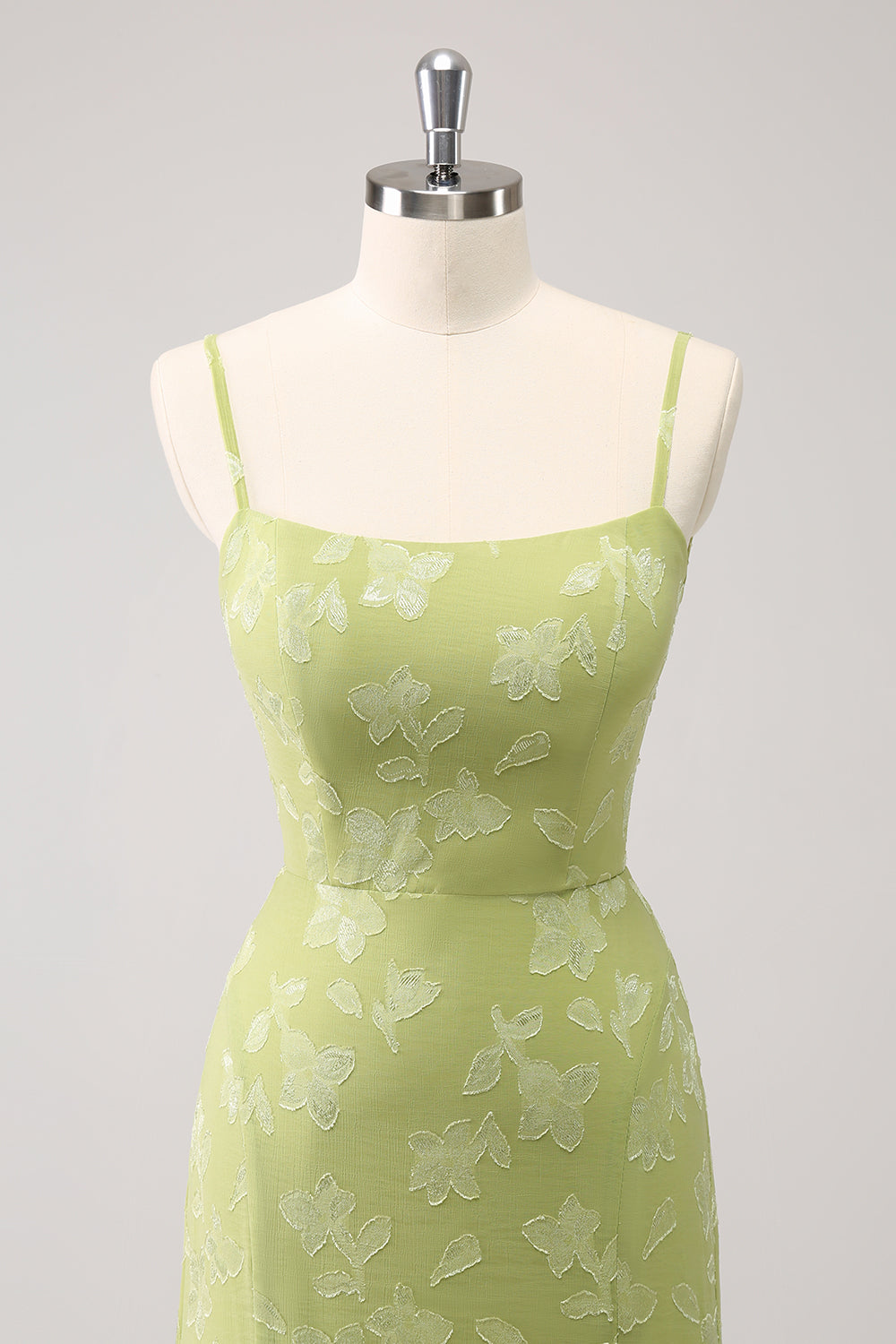 Vestido de dama de honor sirena bordado verde con encaje en la espalda