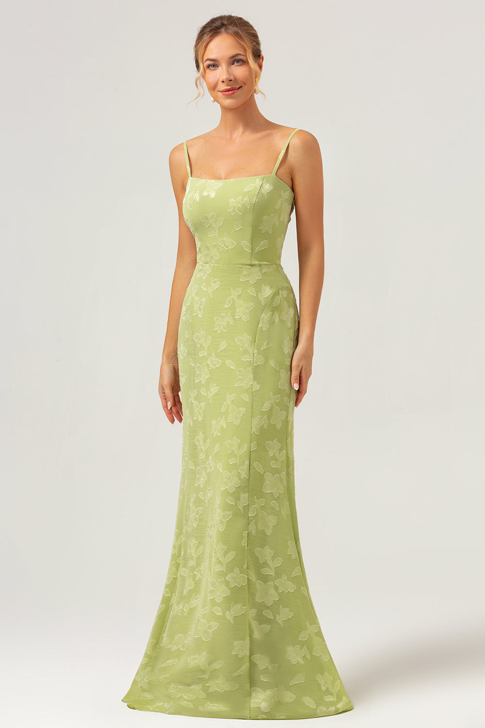 Vestido de dama de honor bordado con tirantes de espagueti de sirena verde con encaje en la espalda