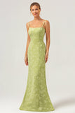 Vestido de dama de honor bordado con tirantes de espagueti de sirena verde con encaje en la espalda