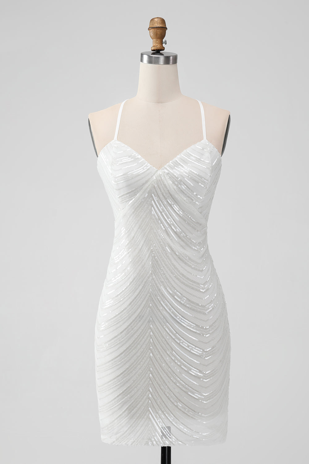 Vestido corto de regreso a casa ajustado de lentejuelas blancas con espalda cruzada