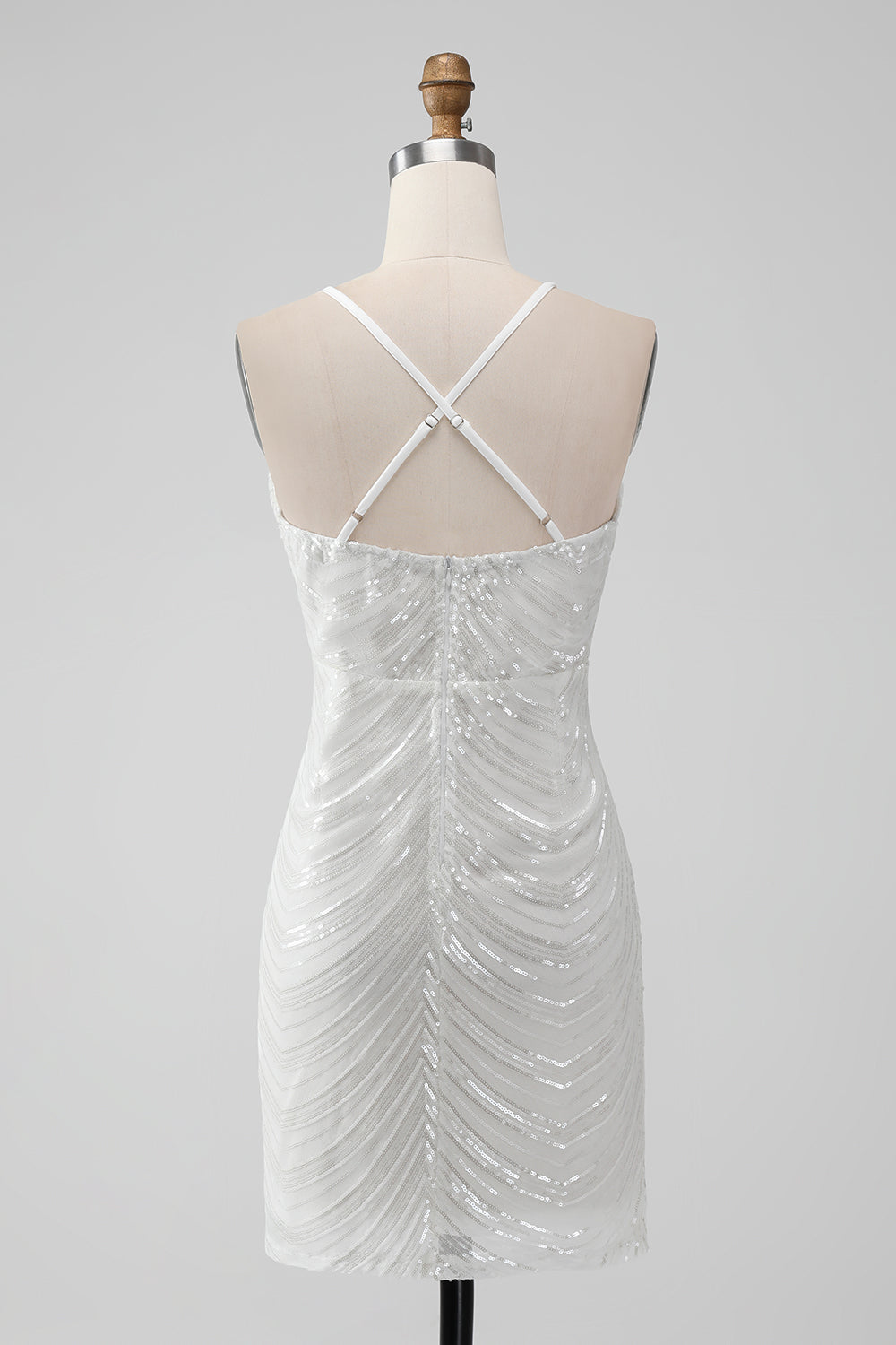 Vestido corto de regreso a casa ajustado de lentejuelas blancas con espalda cruzada