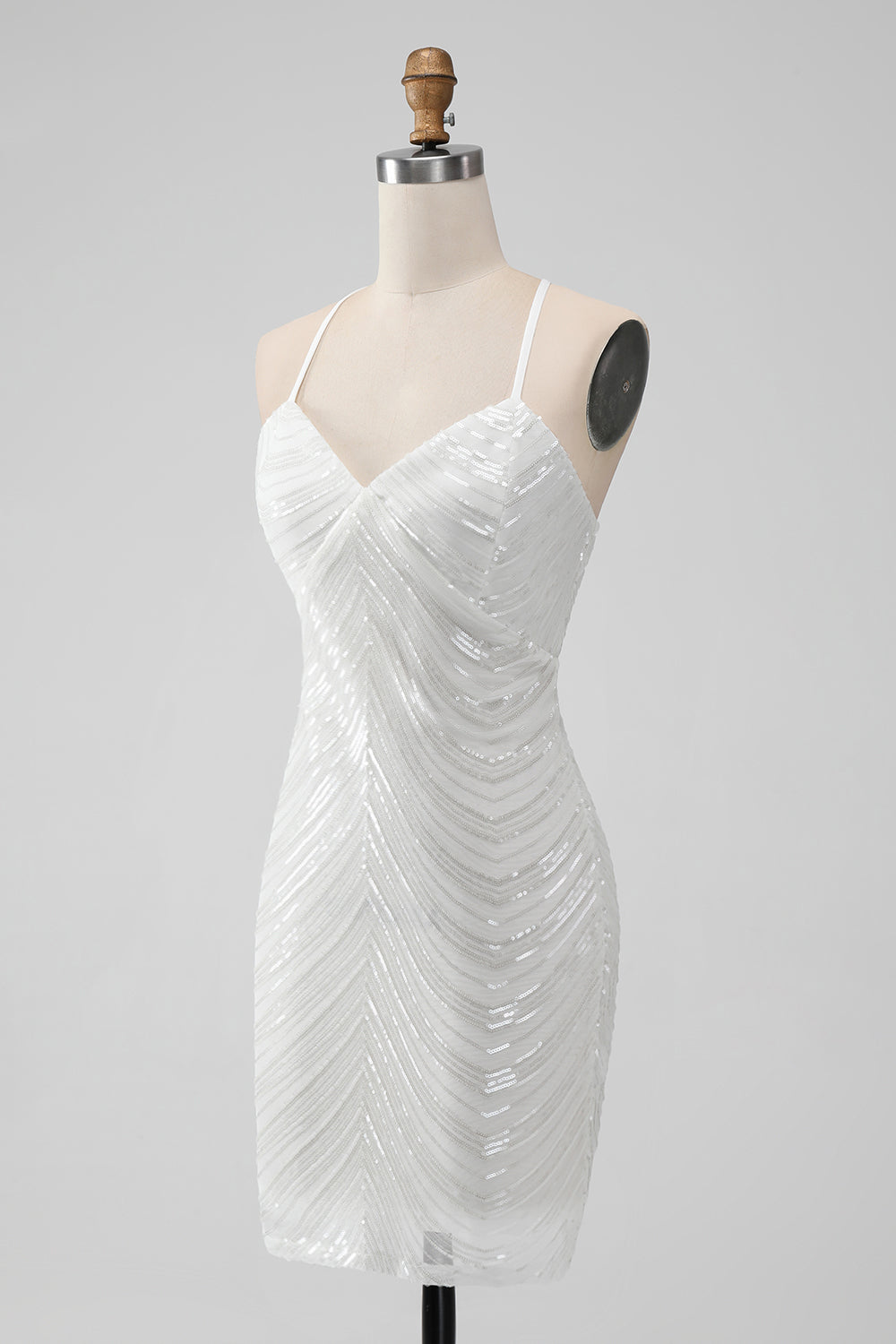 Vestido corto de regreso a casa ajustado de lentejuelas blancas con espalda cruzada