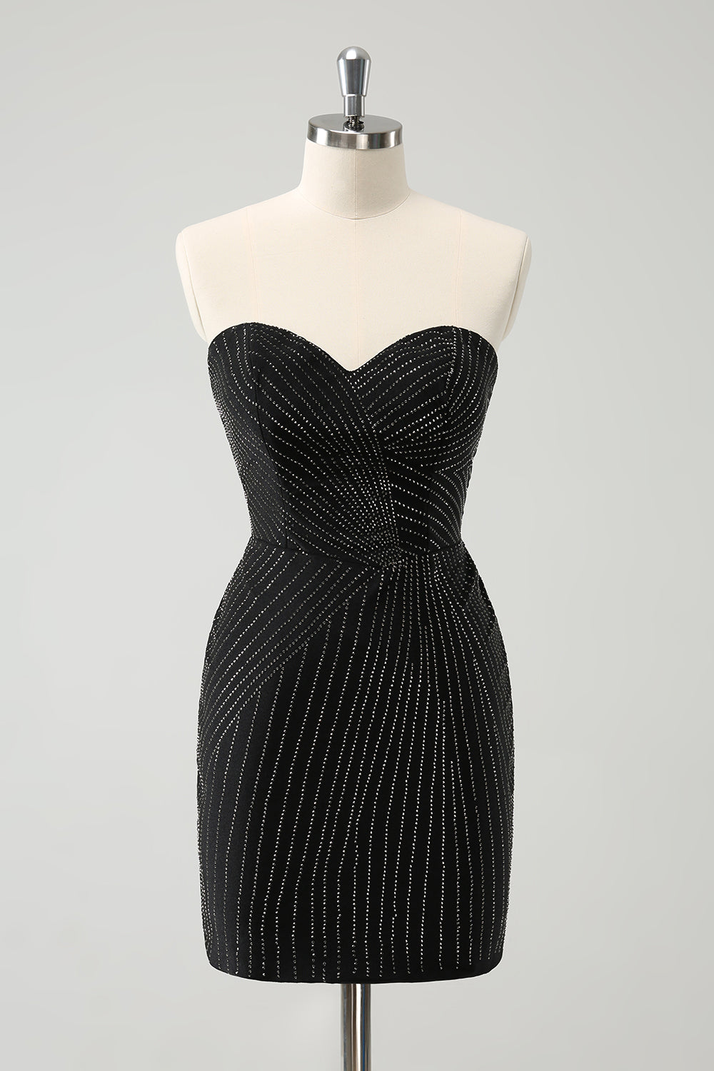 Vestido de fiesta corto mini sin tirantes y brillante en color negro