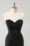 Vestido de fiesta corto mini sin tirantes y brillante en color negro