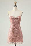 Vestido de cóctel corto con tirantes finos y lentejuelas color rubor brillante