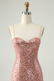 Vestido de cóctel corto con tirantes finos y lentejuelas color rubor brillante