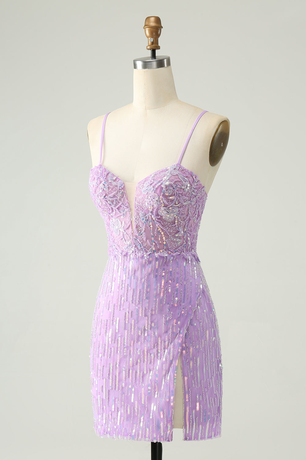 Minivestido de cóctel ajustado con lentejuelas lila brillante y abertura