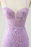 Minivestido de cóctel ajustado con lentejuelas lila brillante y abertura