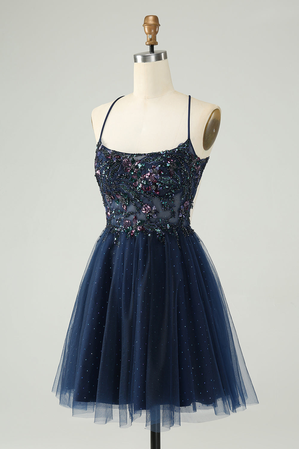 Vestido de cóctel de tul con lentejuelas azul marino brillante