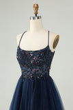 Vestido de cóctel de tul con lentejuelas azul marino brillante