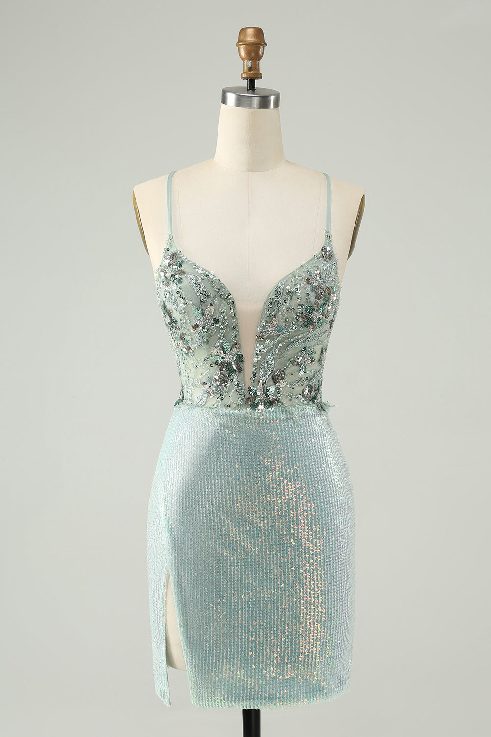 Vestido de cóctel ajustado con cuello en V y lentejuelas con purpurina verde polvoriento