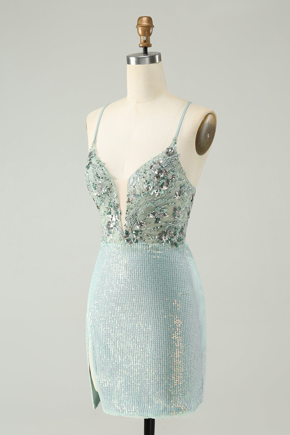 Vestido de cóctel ajustado con cuello en V y lentejuelas con purpurina verde polvoriento