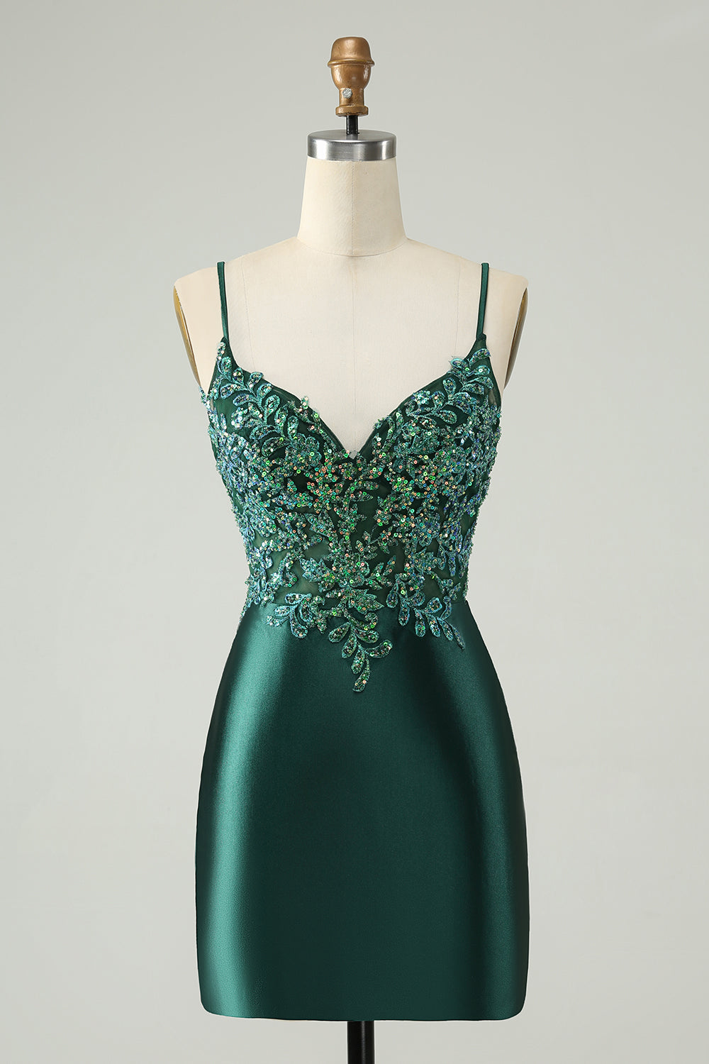Vestido de cóctel corto ajustado con cuello en V y lentejuelas con purpurina verde oscuro