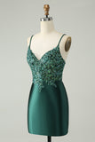 Vestido de cóctel corto ajustado con cuello en V y lentejuelas con purpurina verde oscuro