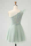 Lindo vestido de cóctel de tul Dusty Sage A Line con apliques