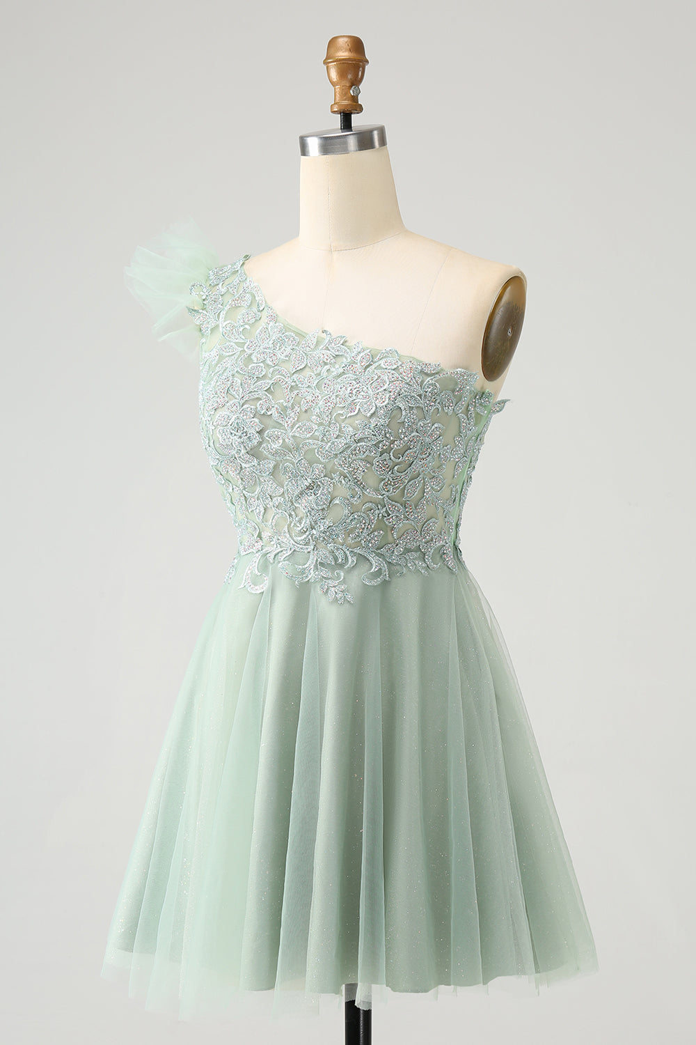 Lindo vestido de cóctel de tul Dusty Sage A Line con apliques