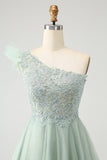 Lindo vestido de cóctel de tul Dusty Sage A Line con apliques