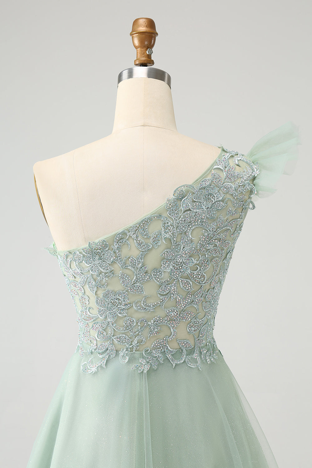 Lindo vestido de cóctel de tul Dusty Sage A Line con apliques