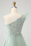 Lindo vestido de cóctel de tul Dusty Sage A Line con apliques