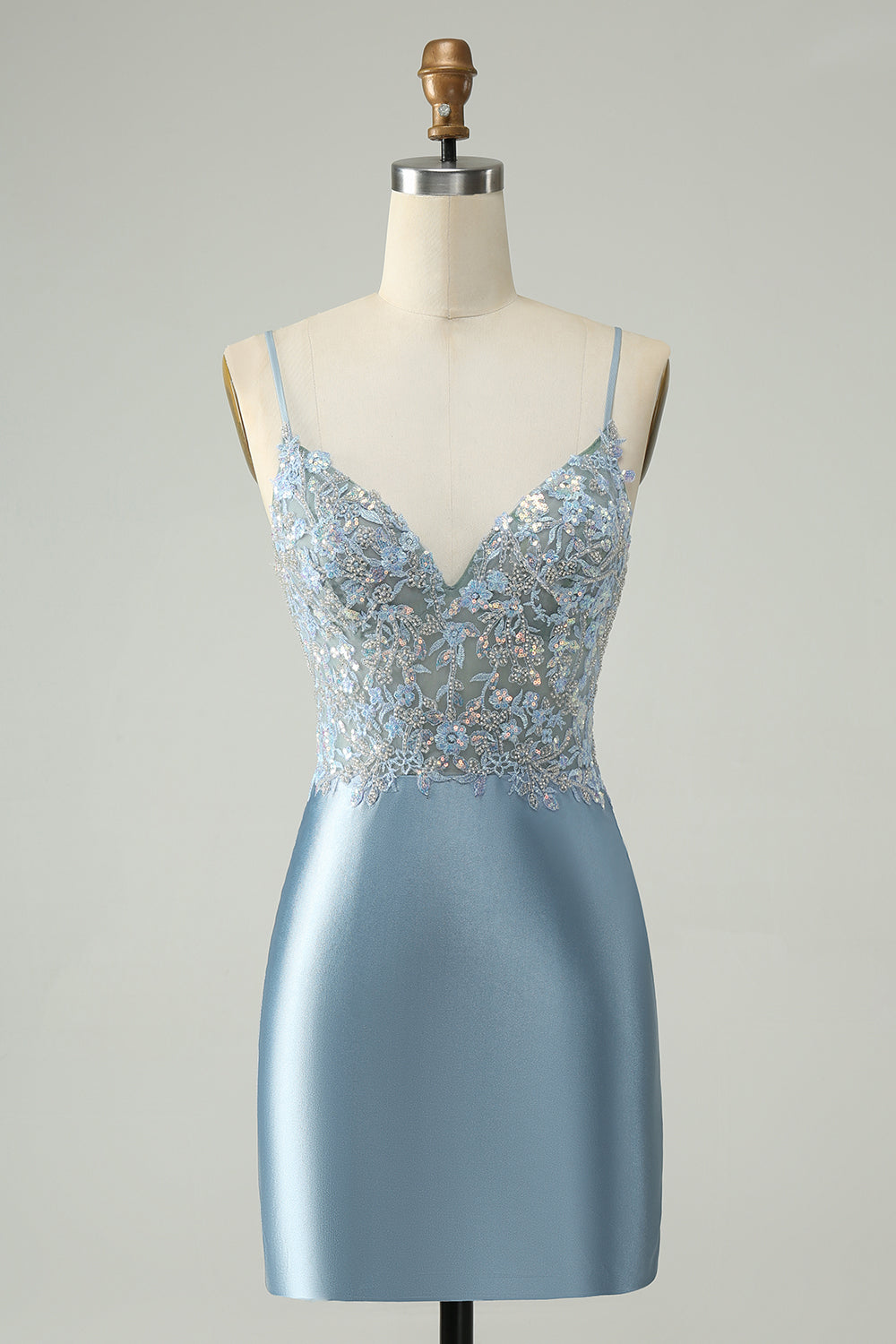 Vestido de satén ajustado de satén azul empolvado con purpurina azul empolvado