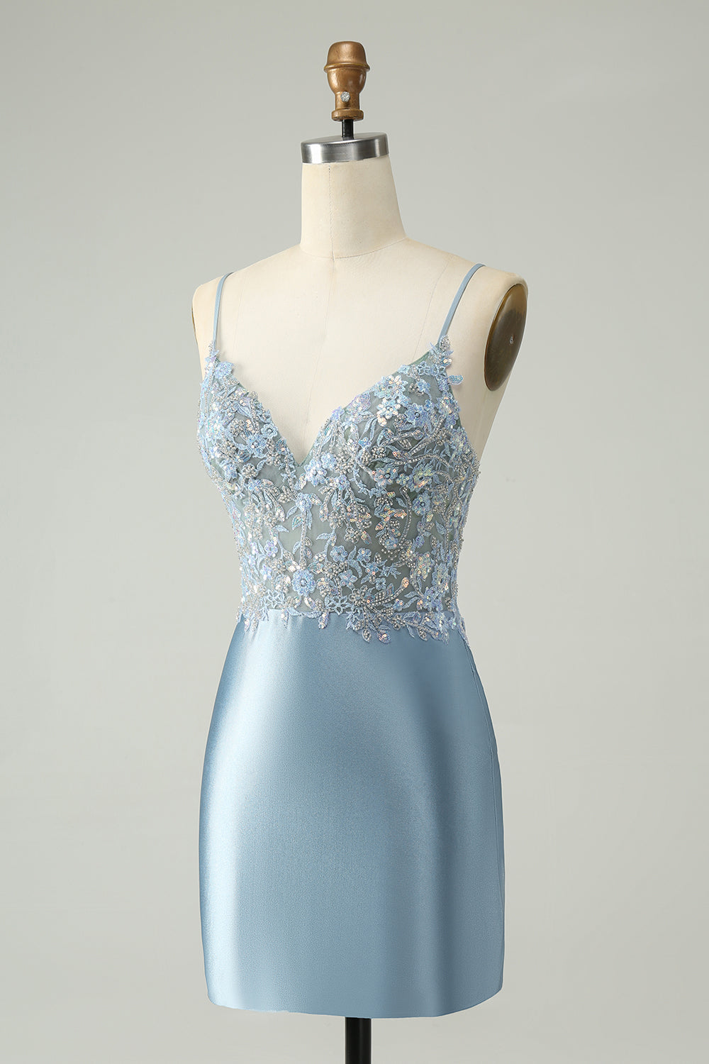 Vestido de satén ajustado de satén azul empolvado con purpurina azul empolvado
