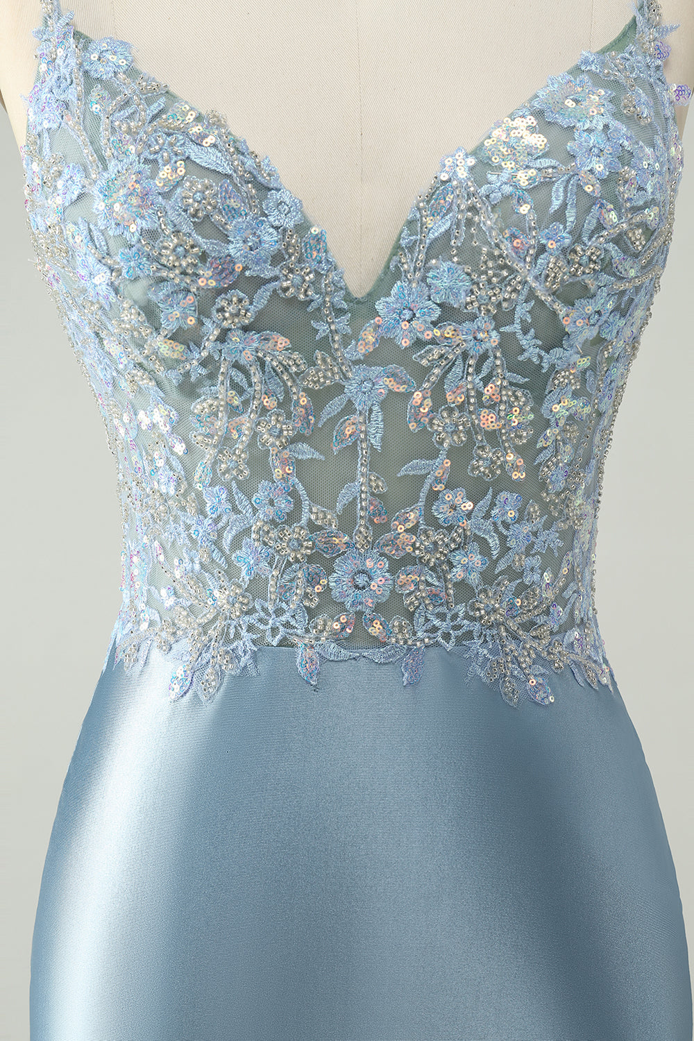 Vestido de satén ajustado de satén azul empolvado con purpurina azul empolvado