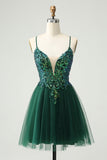 Vestido de cóctel con apliques de lentejuelas y cuello en V con purpurina y línea A verde oscuro