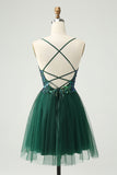 Vestido de cóctel con apliques de lentejuelas y cuello en V con purpurina y línea A verde oscuro