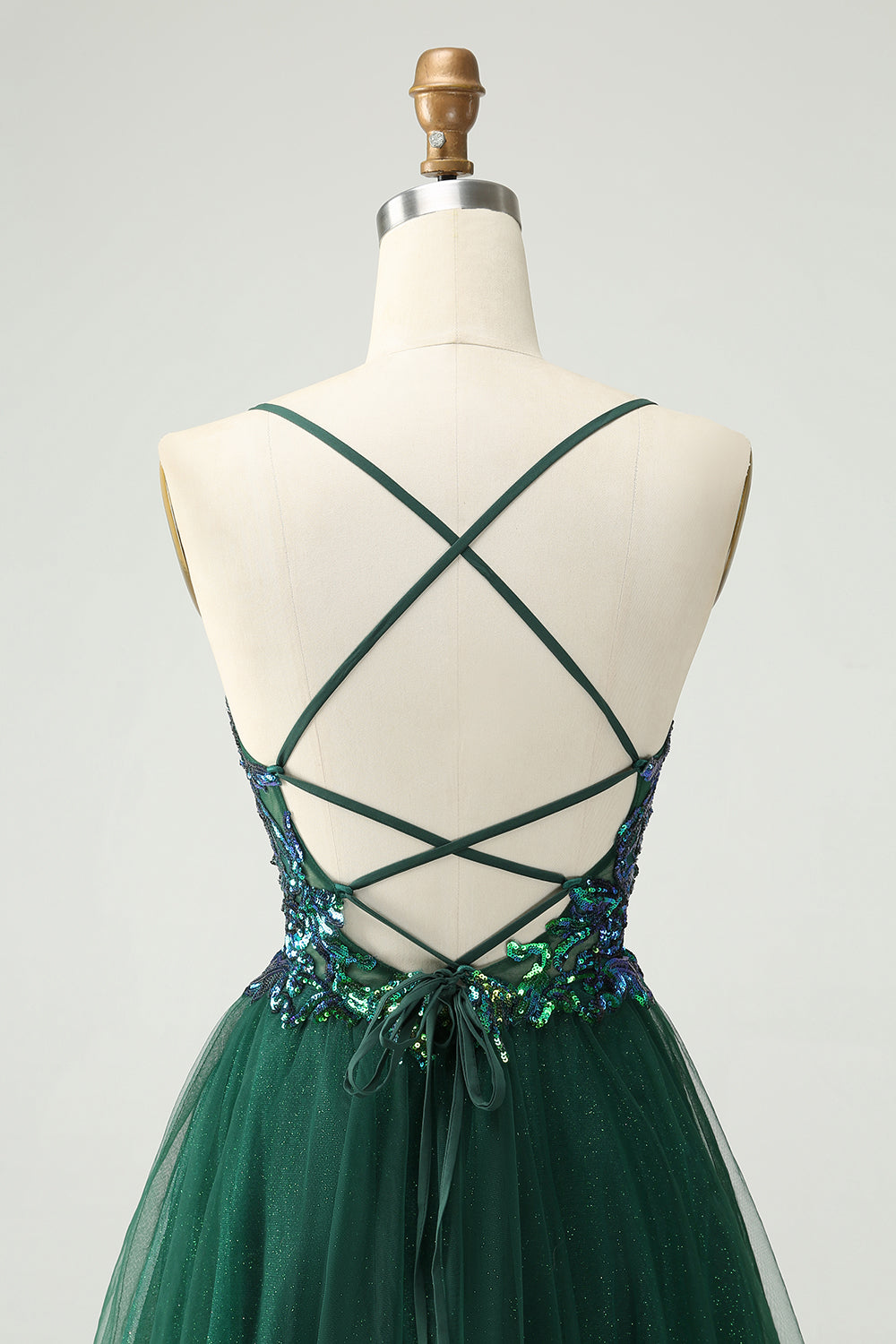 Vestido de cóctel con apliques de lentejuelas y cuello en V con purpurina y línea A verde oscuro