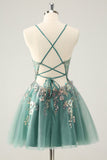 Vestido de fiesta corto con tirantes finos, lentejuelas brillantes y corte A en gris y verde