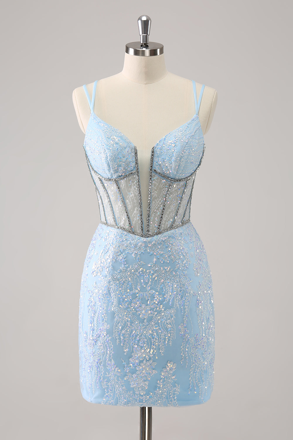 Vestido de fiesta ajustado corto con tirantes finos y lentejuelas brillantes en color azul real