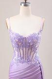 Elegante vestido de fiesta largo con corsé plisado de lentejuelas sirena lila con abertura
