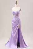 Elegante vestido de fiesta largo con corsé plisado de lentejuelas sirena lila con abertura