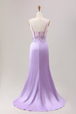 Elegante vestido de fiesta largo con corsé plisado de lentejuelas sirena lila con abertura
