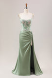 Elegante vestido de fiesta largo con corsé plisado de lentejuelas sirena lila con abertura