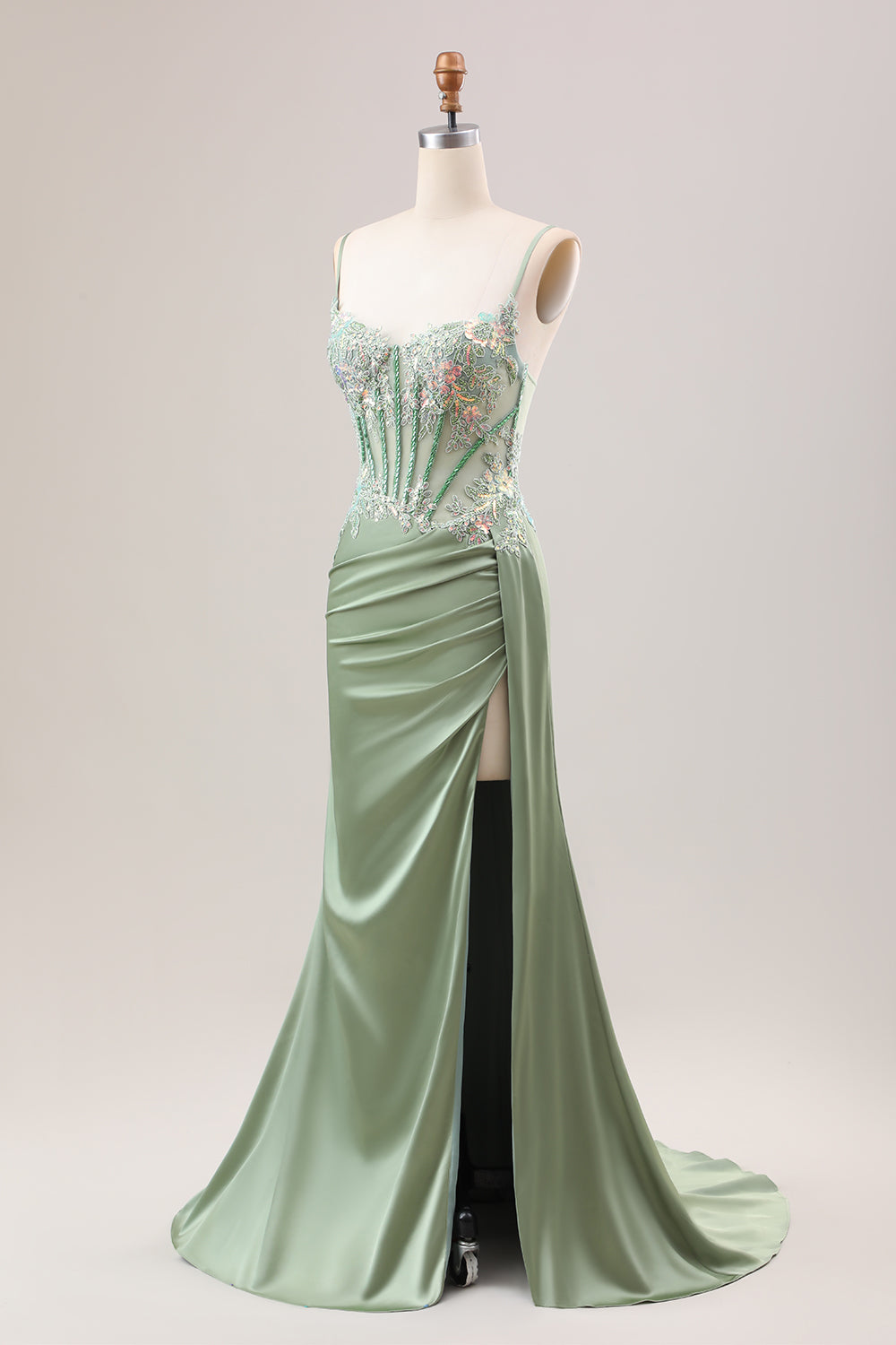 Elegante vestido de fiesta largo con corsé plisado de lentejuelas sirena lila con abertura