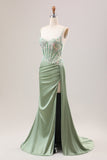 Elegante vestido de fiesta largo con corsé plisado de lentejuelas sirena lila con abertura