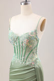 Elegante vestido de fiesta largo con corsé plisado de lentejuelas sirena lila con abertura