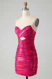 Vestido de cóctel ajustado plisado sin tirantes elegante fucsia