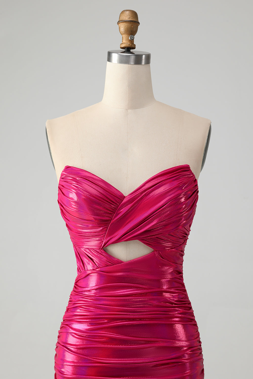 Vestido de cóctel ajustado plisado sin tirantes elegante fucsia