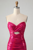 Vestido de cóctel ajustado plisado sin tirantes elegante fucsia
