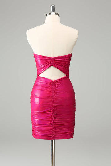 Vestido de cóctel corto con abertura en forma de cerradura y escote en forma de corazón fucsia