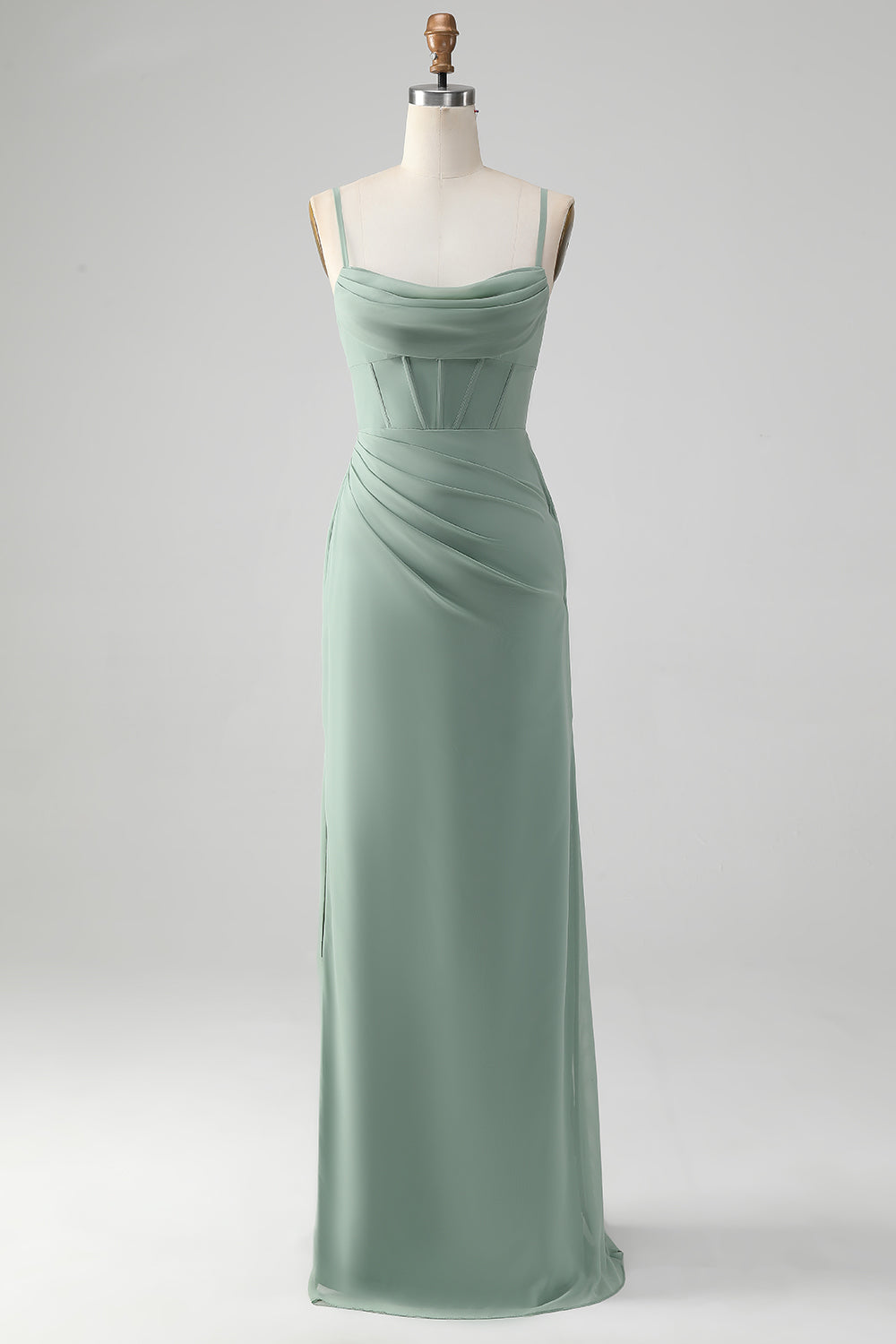 Tirantes de espagueti Gris verde Corsé de sirena Vestido de dama de honor con abertura