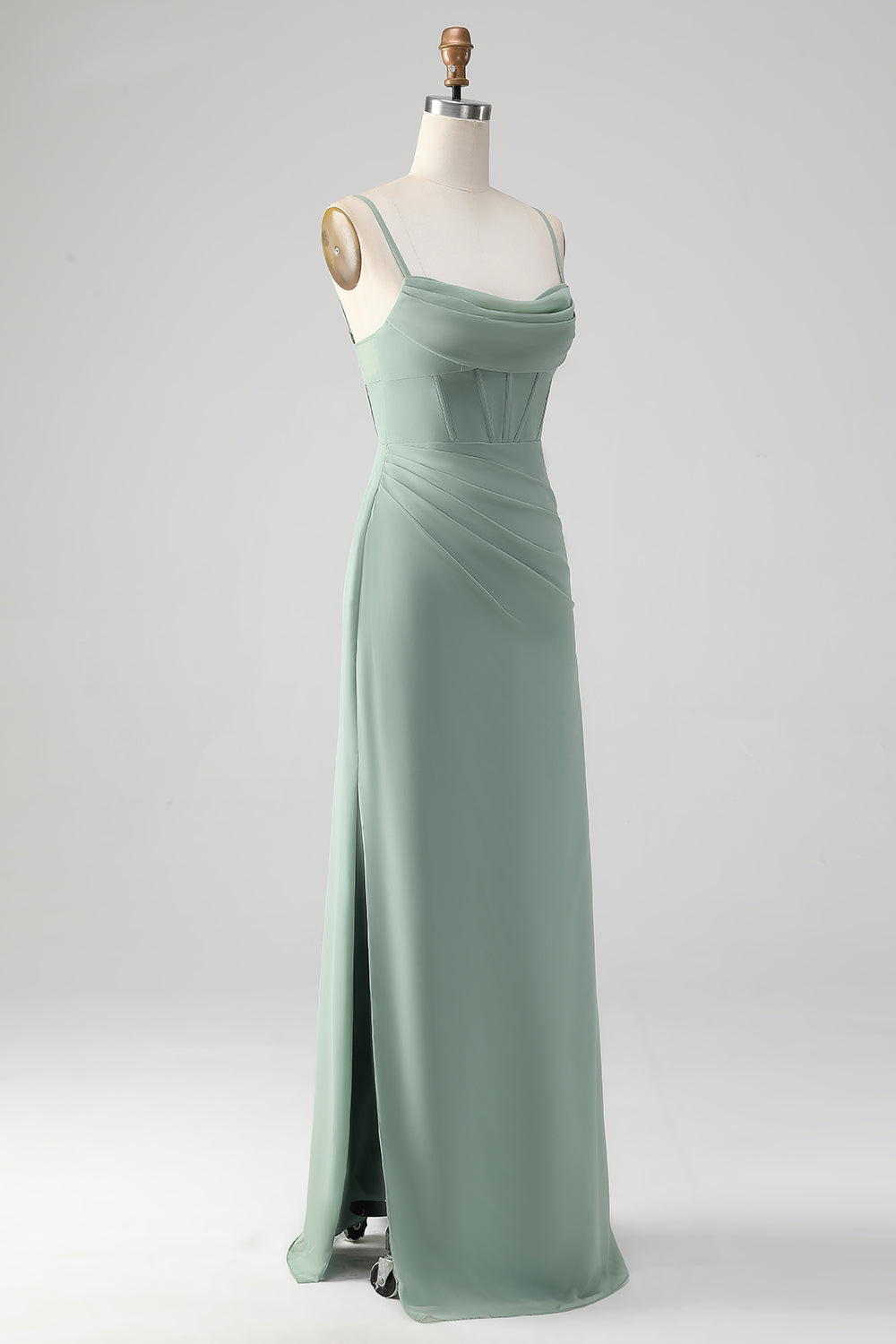Tirantes de espagueti Gris verde Corsé de sirena Vestido de dama de honor con abertura