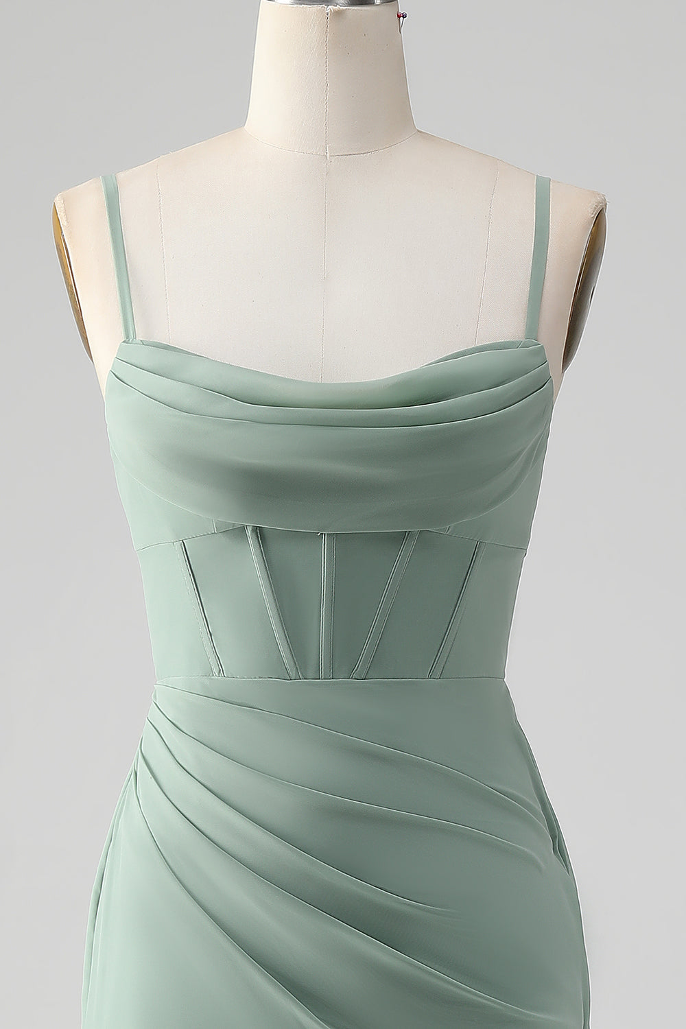 Tirantes de espagueti Gris verde Corsé de sirena Vestido de dama de honor con abertura