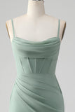 Tirantes de espagueti Gris verde Corsé de sirena Vestido de dama de honor con abertura