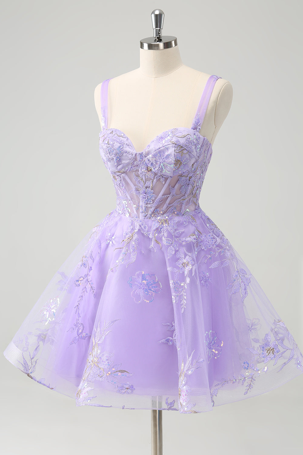 Vestido de fiesta corto con lentejuelas bordadas y corsé en forma de A en color lila