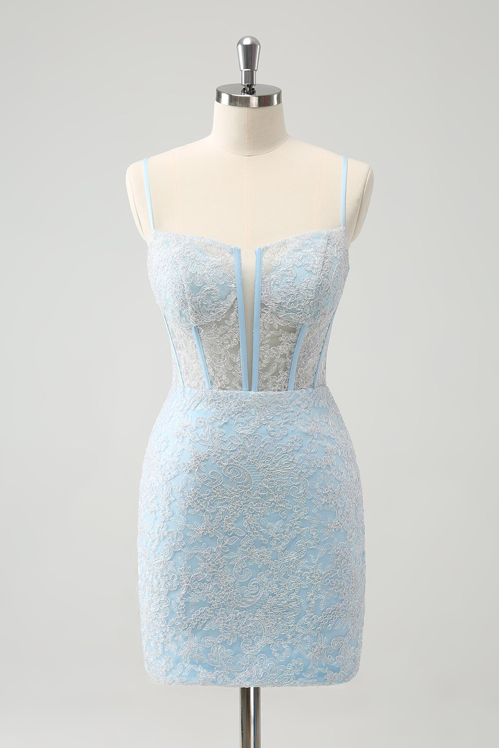 Vestido de fiesta corto con tirantes finos y corsé en color azul claro con lentejuelas