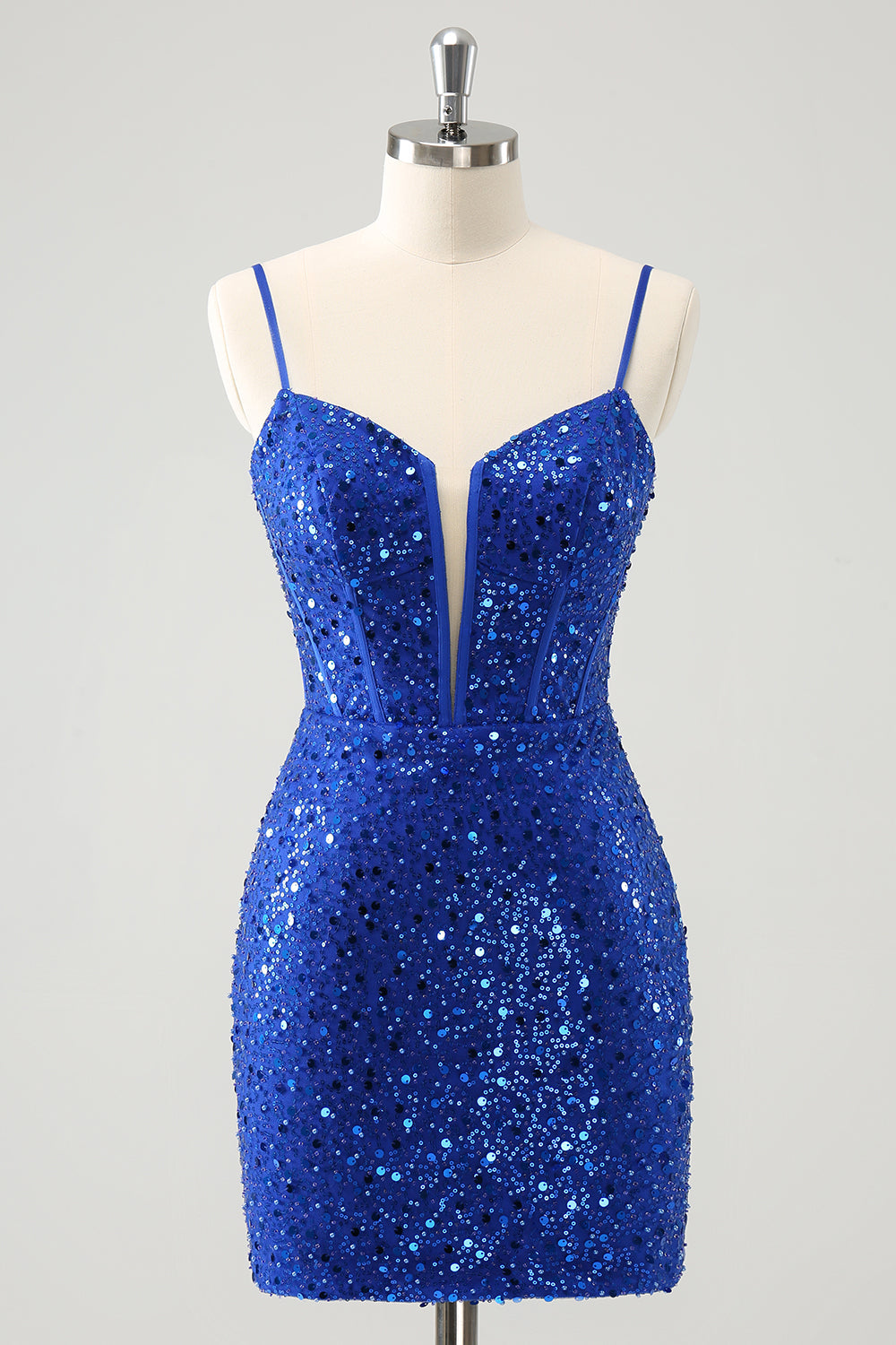 Vestido de fiesta corto ajustado con corsé brillante en azul real y lentejuelas