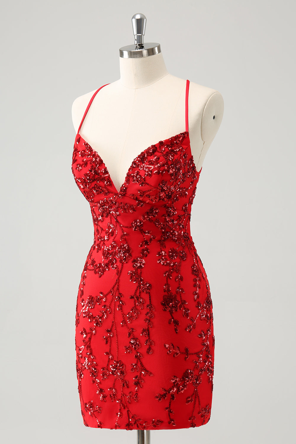 Vestido de fiesta ajustado corto con lentejuelas brillantes y flores rojas